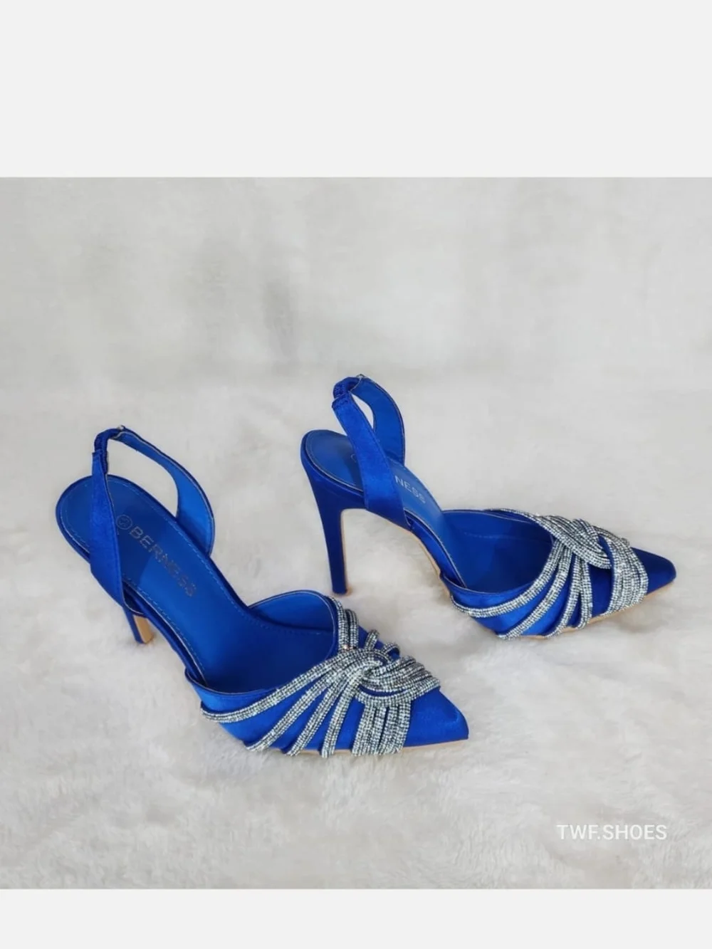 Berness Sapphire Satin Pointed Heels with‎ Crystal Knot Size 8.5